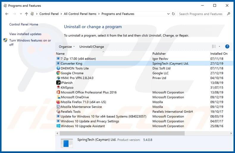 search.converterkingtab.com browser hijacker uninstall via Control Panel
