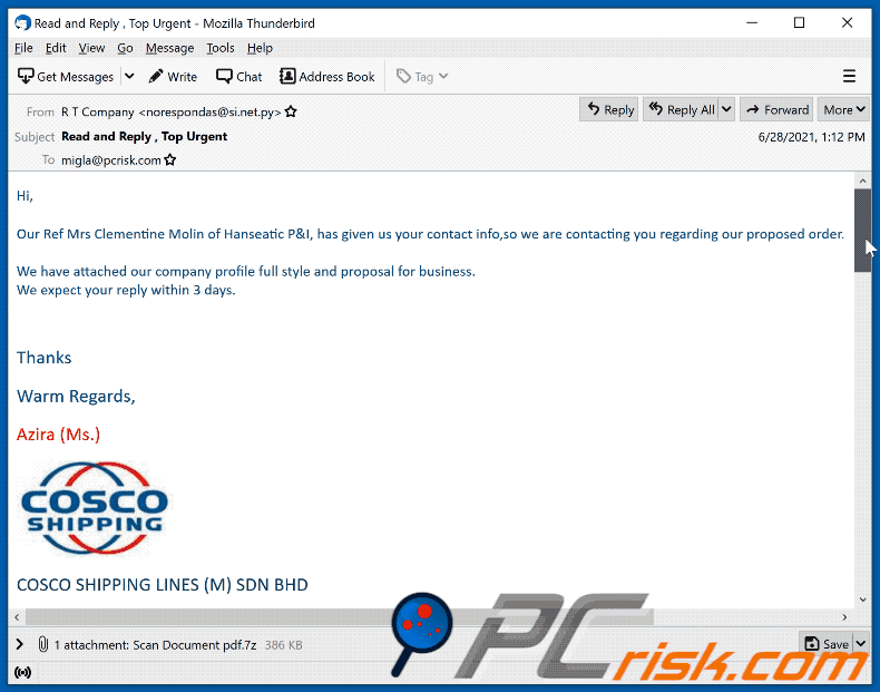 COSCO Shipping scam email appearance (GIF)
