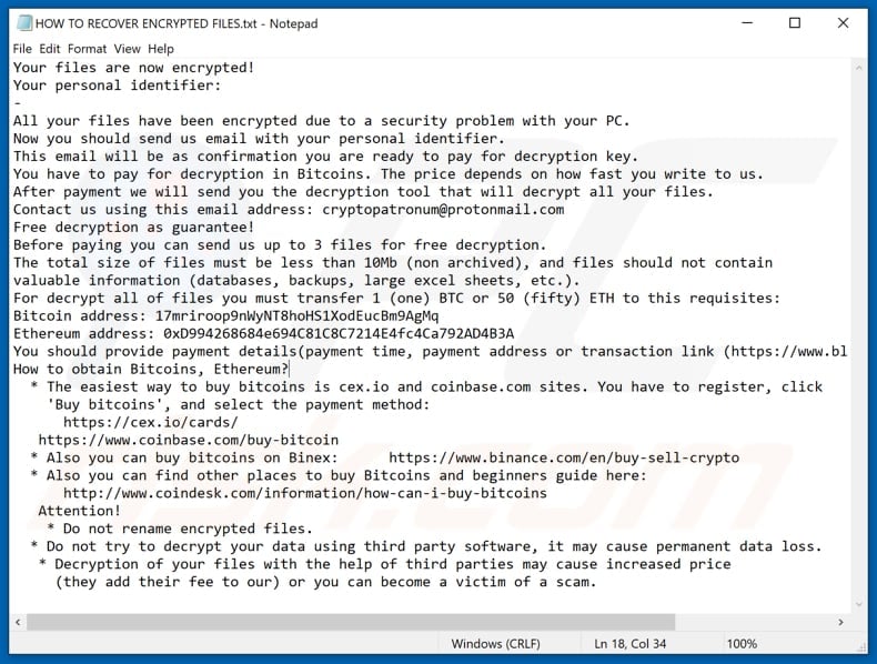 CryptoPatronum decrypt instructions (HOW TO RECOVER ENCRYPTED FILES.txt)