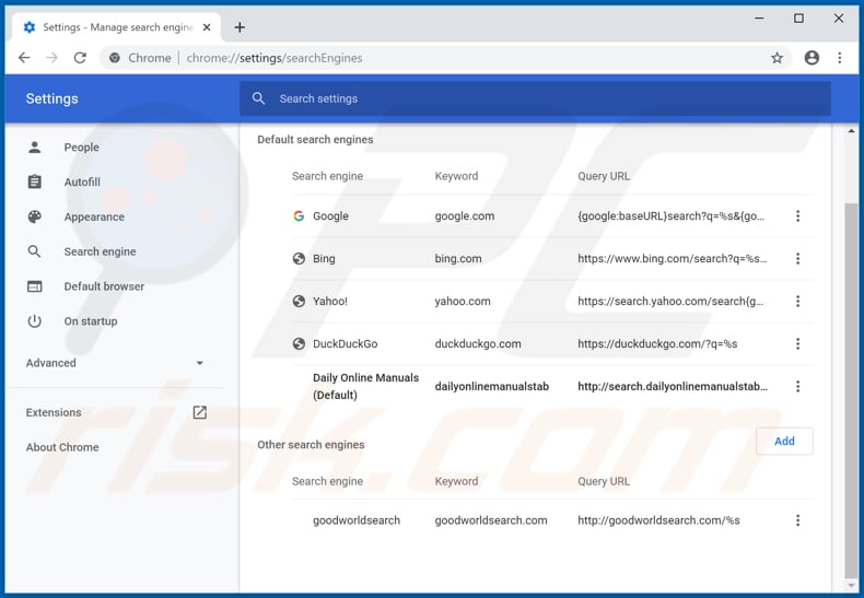 Removing search.dailyonlinemanualstab.com from Google Chrome default search engine