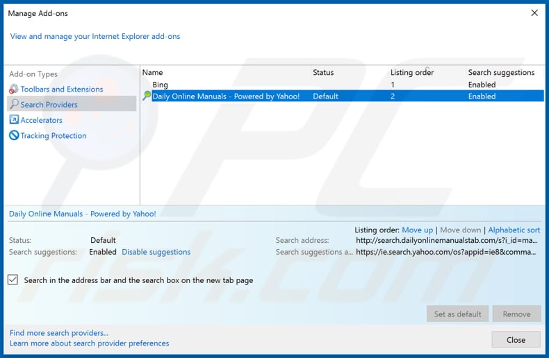 Removing search.dailyonlinemanualstab.com from Internet Explorer default search engine