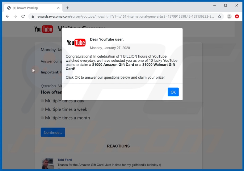 Dear YouTube user, Congratulations! scam