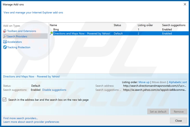 Removing search.directionsandmapsnowtab.com from Internet Explorer default search engine