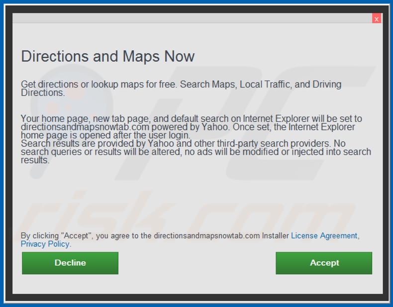 Official Directions and Maps Now browser hijacker installation setup