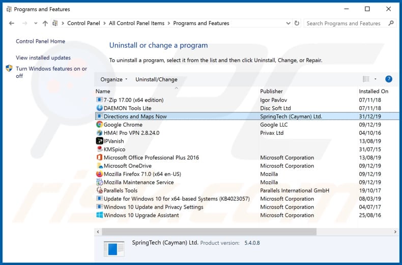 search.directionsandmapsnowtab.com browser hijacker uninstall via Control Panel