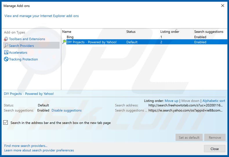 Removing search.freehowtotab.com from Internet Explorer default search engine