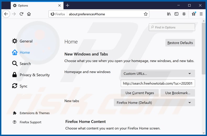 Removing search.freehowtotab.com from Mozilla Firefox homepage