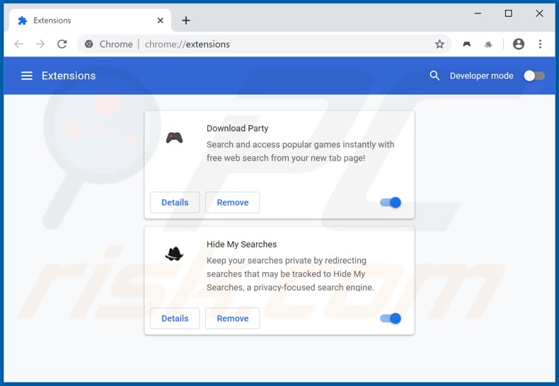 Removing search.downloadpartytab.com related Google Chrome extensions