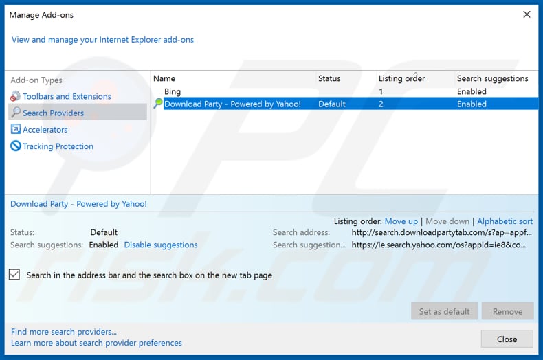 Removing search.downloadpartytab.com from Internet Explorer default search engine