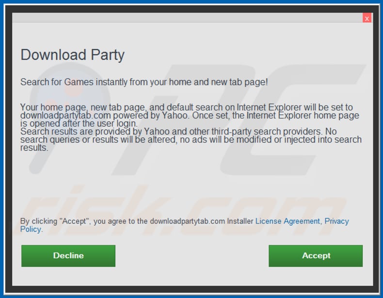 Official Download Party browser hijacker installation setup