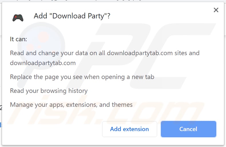 download party browser hijacker asks for a permission to read anc change data