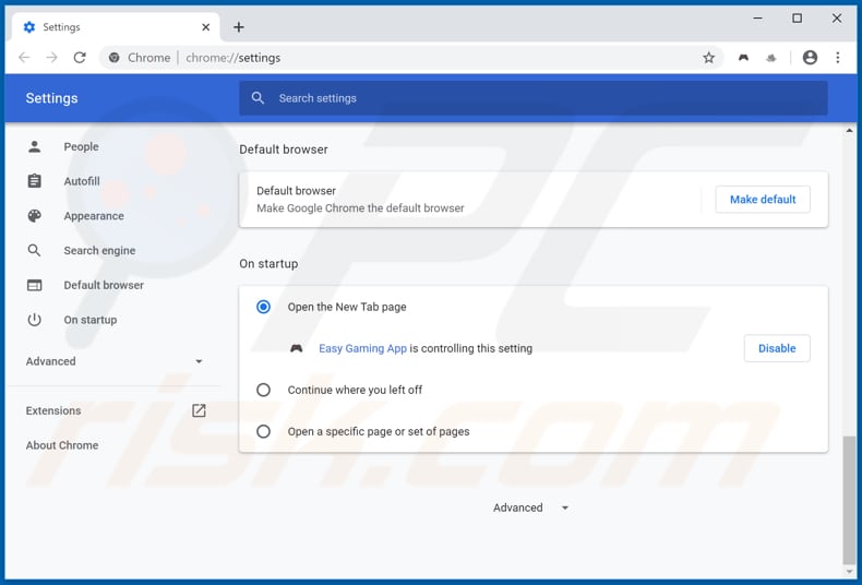 Removing search.easygamingapptab.com from Google Chrome homepage