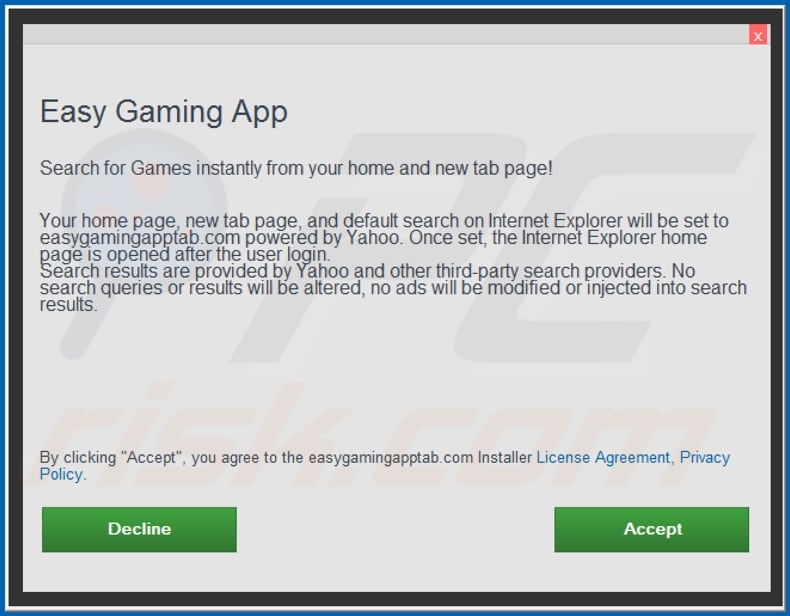 Official Easy Gaming App browser hijacker installation setup