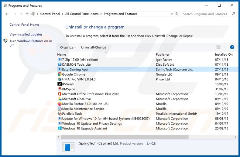 search.easygamingapptab.com browser hijacker uninstall via Control Panel