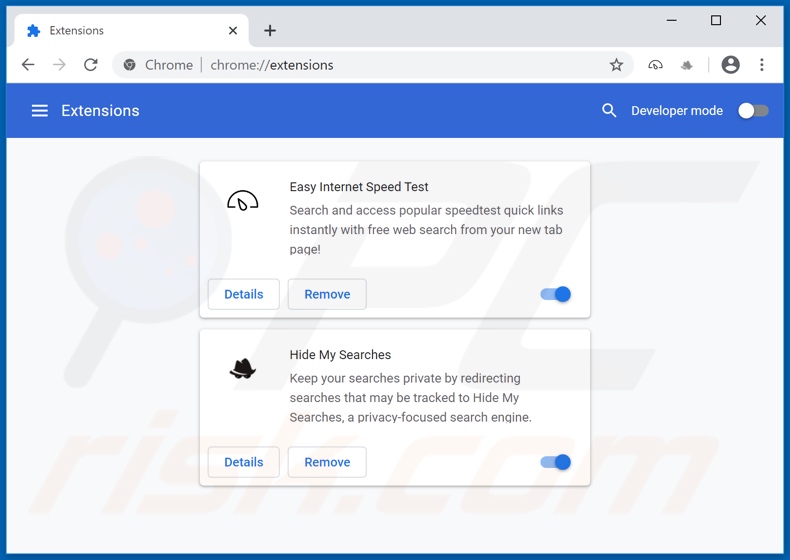 Removing search.easyinternetspeedtesttab.com related Google Chrome extensions