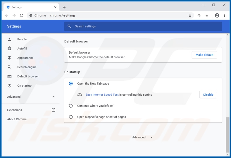 Removing search.easyinternetspeedtesttab.com from Google Chrome homepage