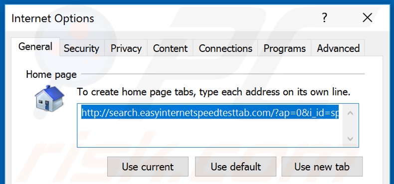 Removing search.easyinternetspeedtesttab.com from Internet Explorer homepage