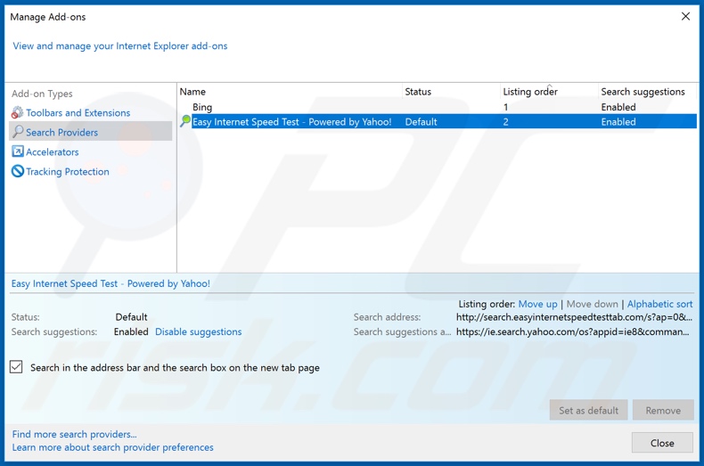 Removing search.easyinternetspeedtesttab.com from Internet Explorer default search engine
