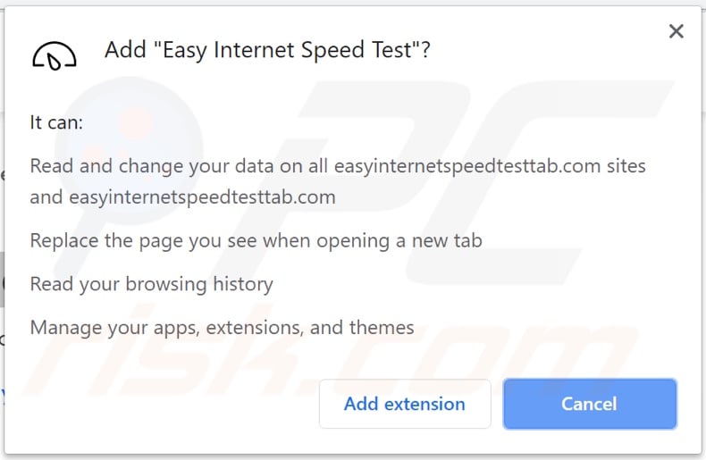 Easy Internet Speed Test browser hijacker asking for permissions
