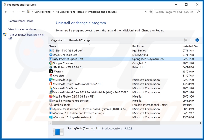 search.easyinternetspeedtesttab.com browser hijacker uninstall via Control Panel
