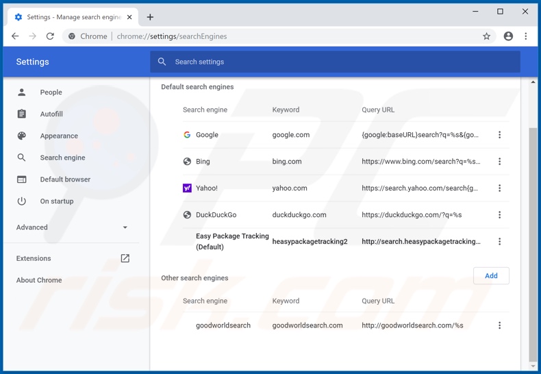 Removing search.heasypackagetracking2.com from Google Chrome default search engine