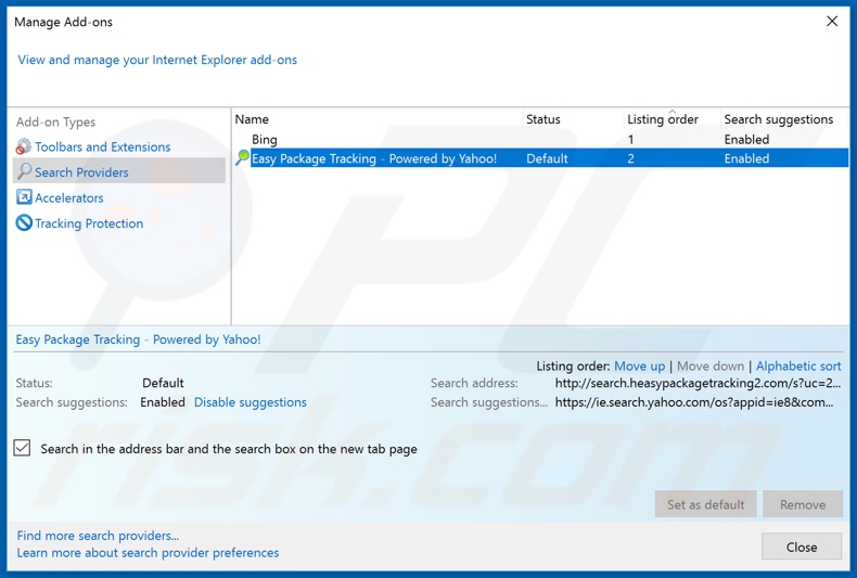 Removing search.heasypackagetracking2.com from Internet Explorer default search engine