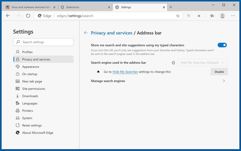 Eliminación de secuestradores de navegador de Microsoft Edge step 3
