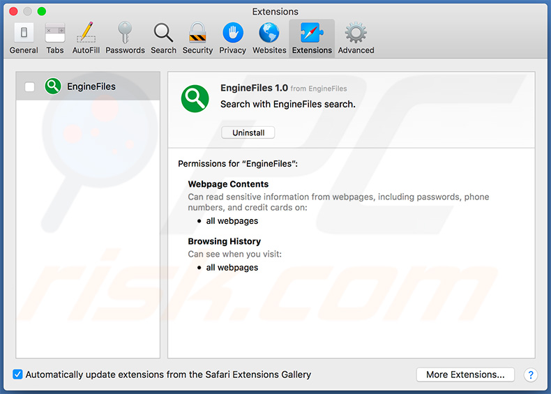 EngineFiles adware in Safari web browser