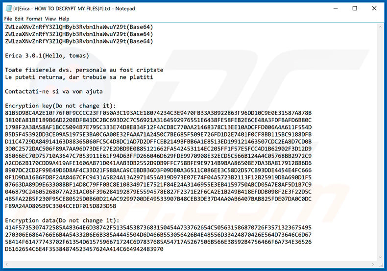Erica 3.0.1 ransomware ransom demanding message