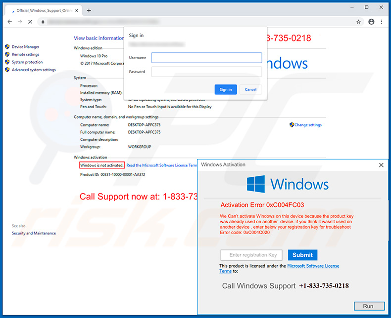 Activation Error 0xC004FC03 pop-up scam new variant