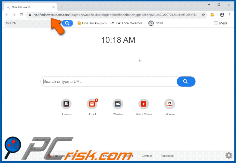Find New Coupons browser hijacker appearance GIF