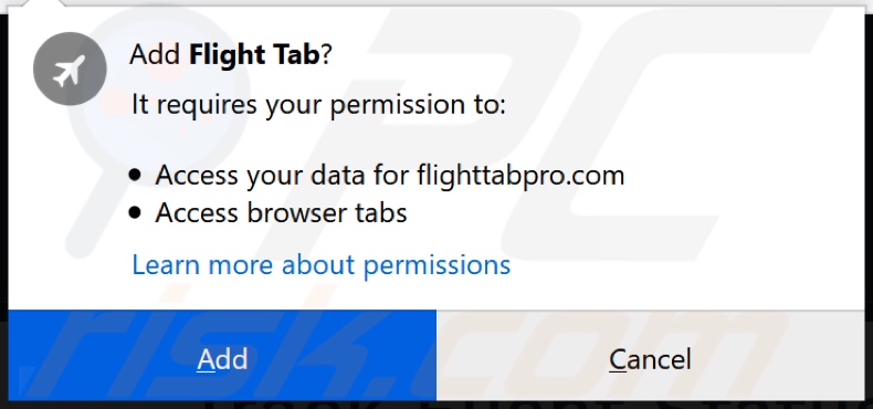 Flight Tab Pro browser hijacker asking fo -permissions (Firefox)