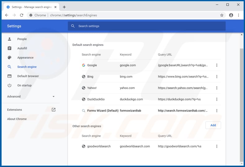 Removing search.formswizardtab.com from Google Chrome default search engine