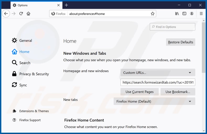 Removing search.formswizardtab.com from Mozilla Firefox homepage