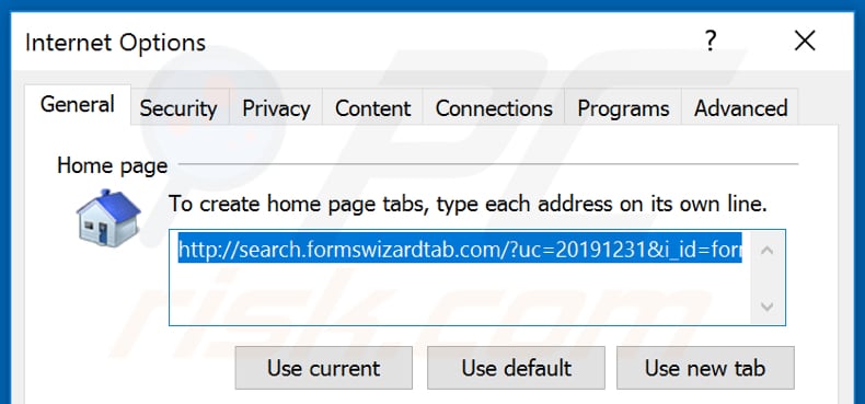 Removing search.formswizardtab.com from Internet Explorer homepage