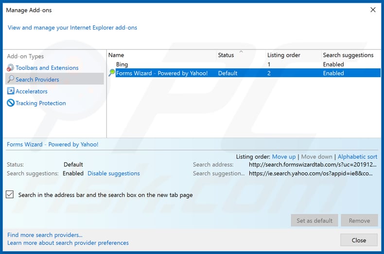 Removing search.formswizardtab.com from Internet Explorer default search engine