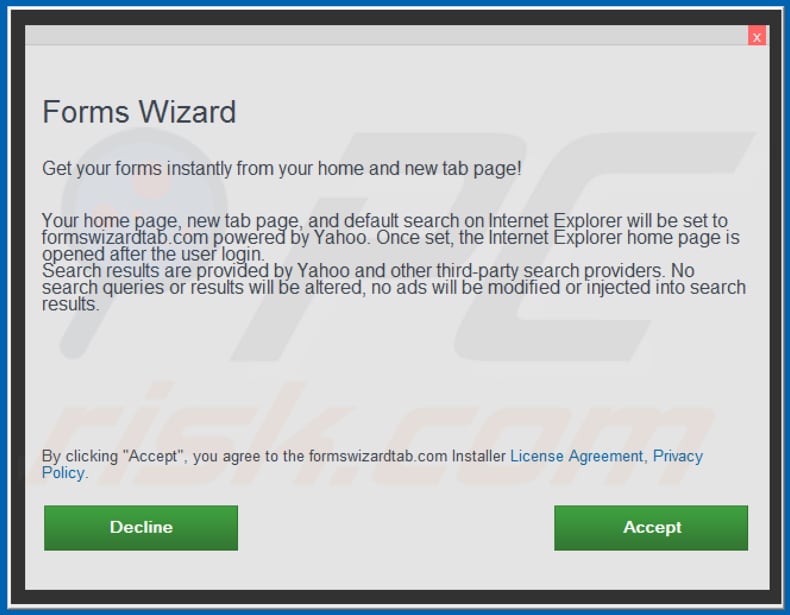 Official Forms Wizard browser hijacker installation setup