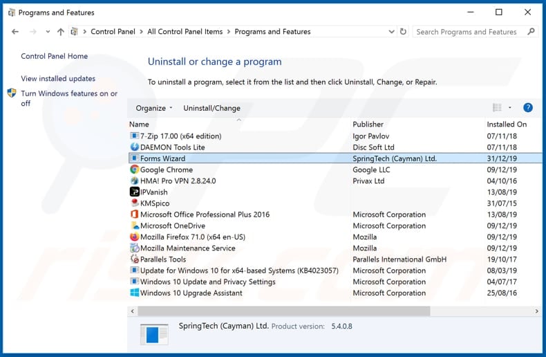 search.formswizardtab.com browser hijacker uninstall via Control Panel