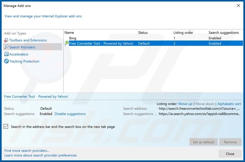 Removing search.freeconvertertooltab.com from Internet Explorer default search engine