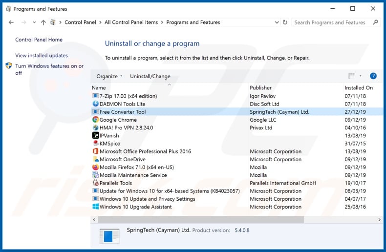 search.freeconvertertooltab.com browser hijacker uninstall via Control Panel