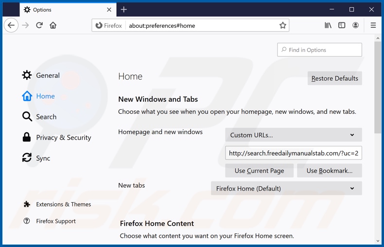 Removing search.freedailymanualstab.com from Mozilla Firefox homepage