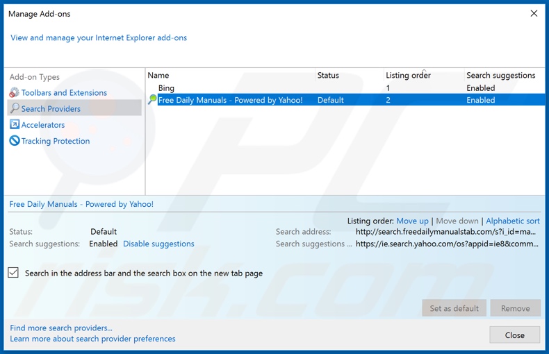 Removing search.freedailymanualstab.com from Internet Explorer default search engine