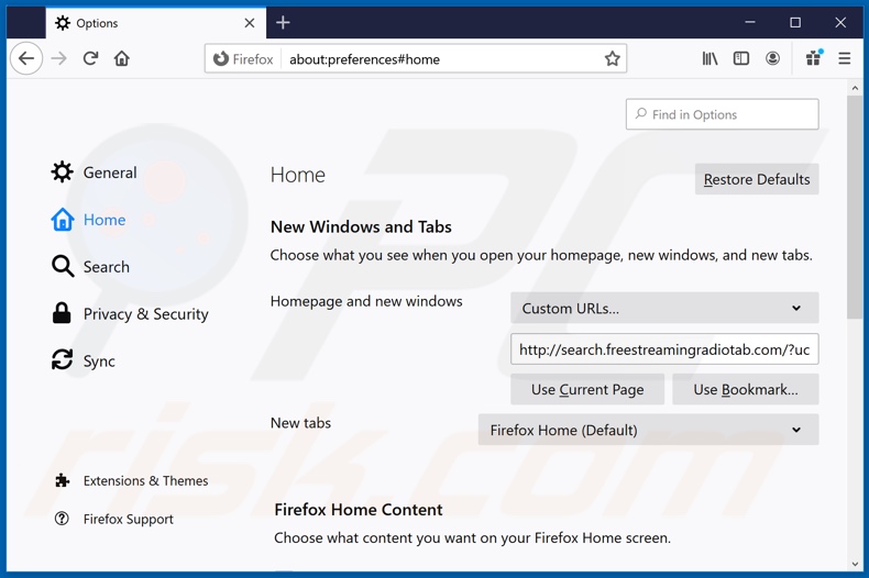 Removing search.freestreamingradiotab.com from Mozilla Firefox homepage