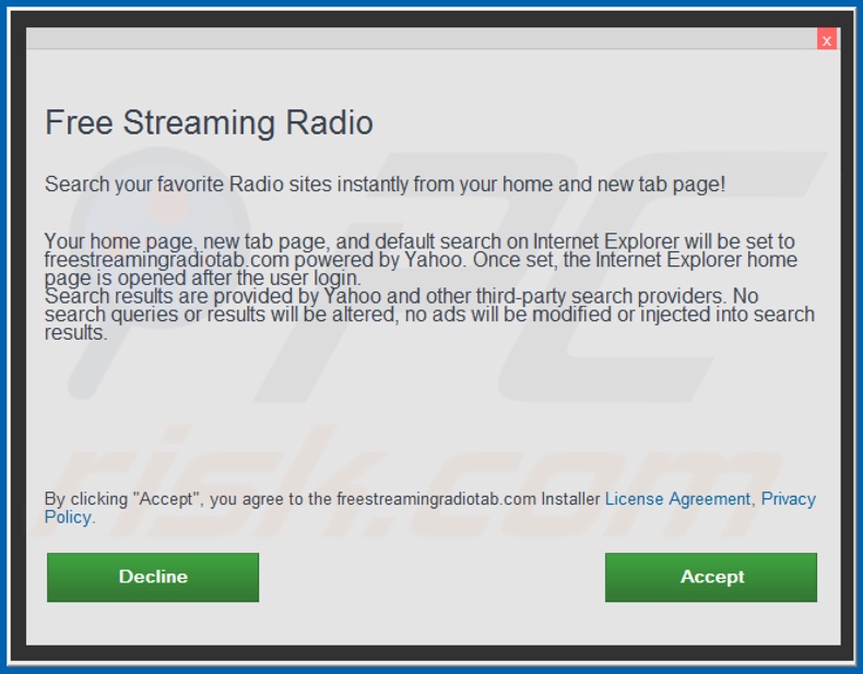 Official Free Streaming Radio browser hijacker installation setup