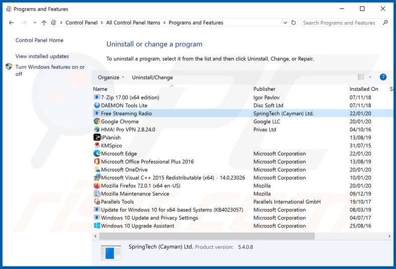 search.freestreamingradiotab.com browser hijacker uninstall via Control Panel