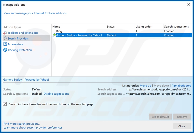 Removing search.gamersbuddyapptab.com from Internet Explorer default search engine
