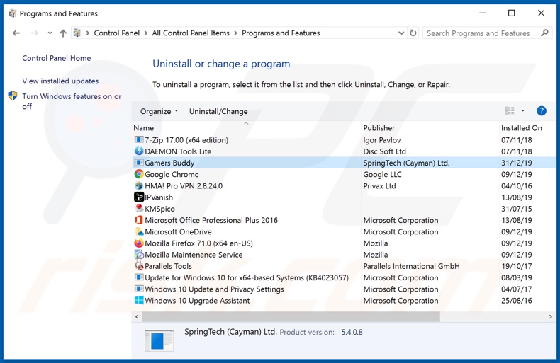 search.gamersbuddyapptab.com browser hijacker uninstall via Control Panel