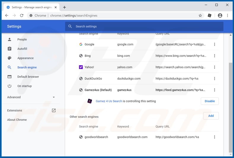 Removing feed.gamez4us.com from Google Chrome default search engine