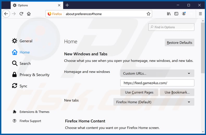 Removing feed.gamez4us.com from Mozilla Firefox homepage