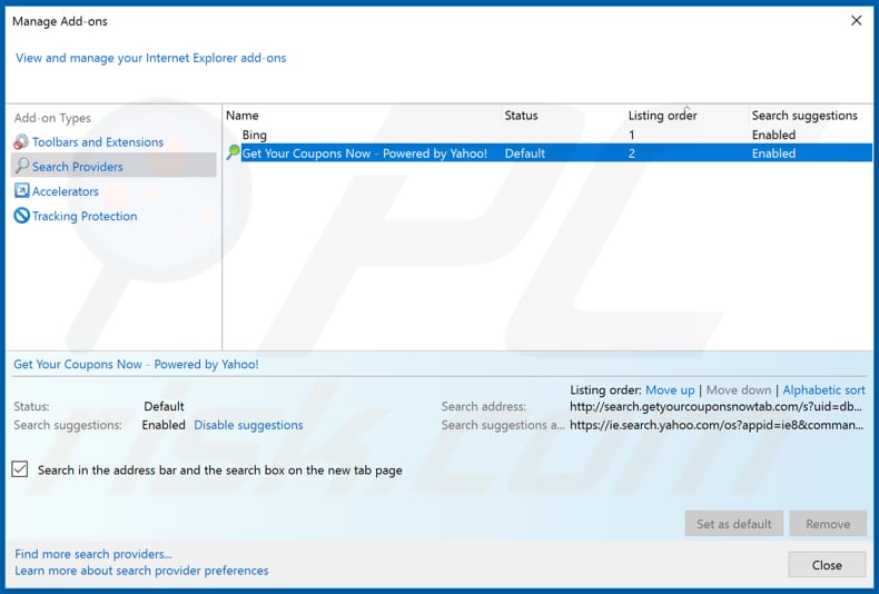 Removing search.getyourcouponsnowtab.com from Internet Explorer default search engine